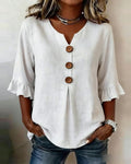 Sophia | Blusa ligera de algodón y lino con botones de madera en color Blanco