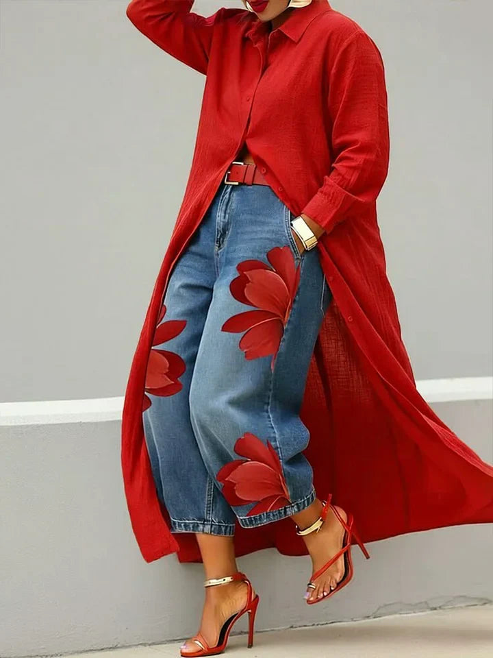 Conjunto Maud de camisa larga y jeans florales