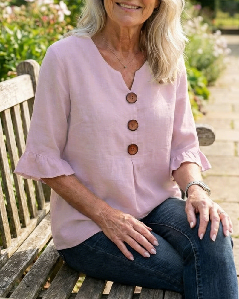 Sophia | Blusa ligera de algodón y lino con botones de madera en color Rosa