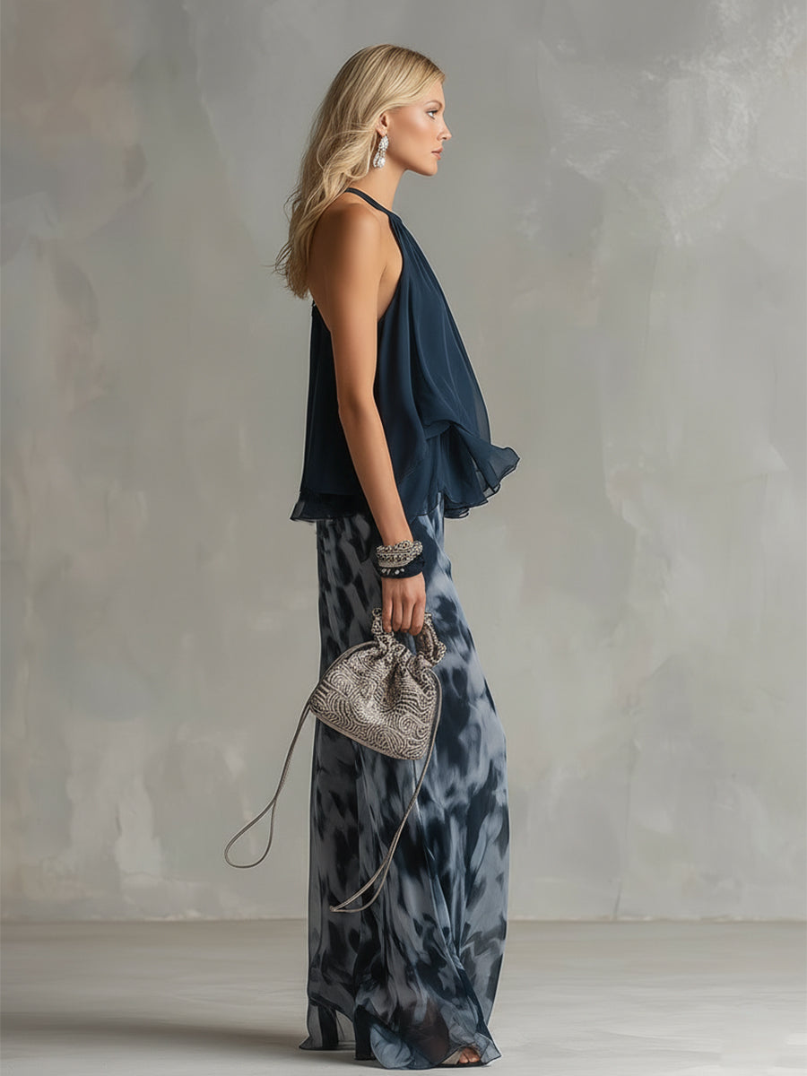 Élise | Conjunto elegante y ligero con top fluido y pantalón ancho - Azul marino M