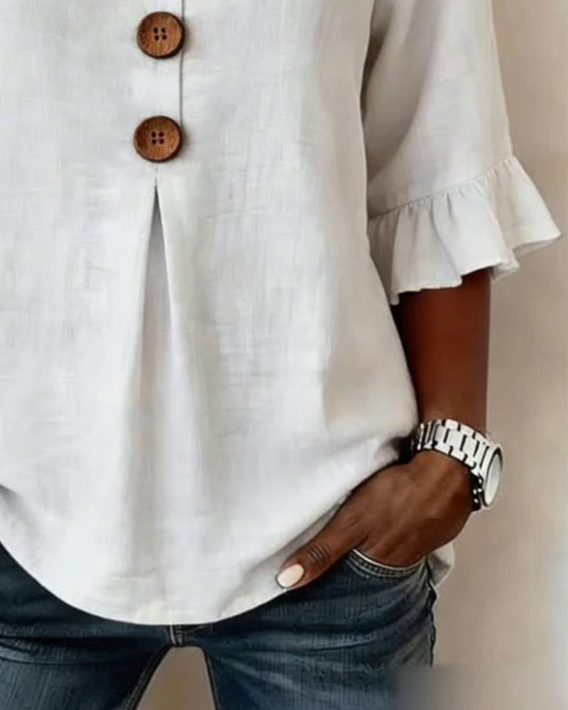 Sophia | Blusa ligera de algodón y lino con botones de madera en color Blanco