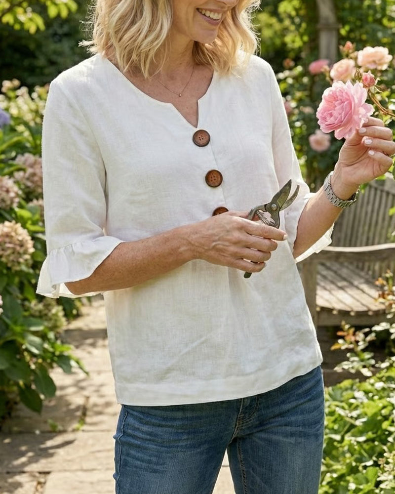 Sophia | Blusa ligera de algodón y lino con botones de madera en color Rosa