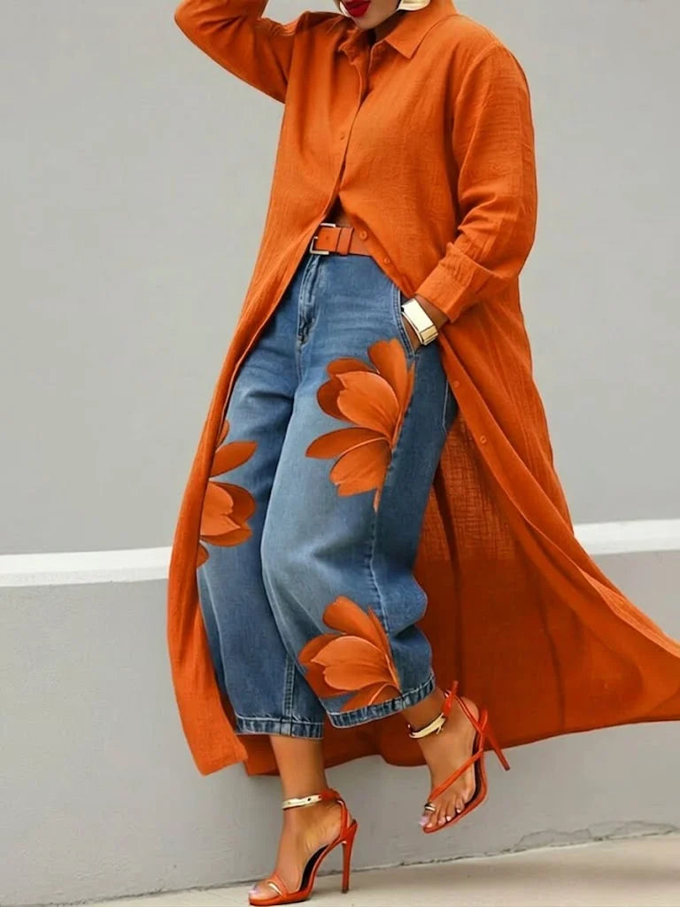 Conjunto Maud de camisa larga y jeans florales
