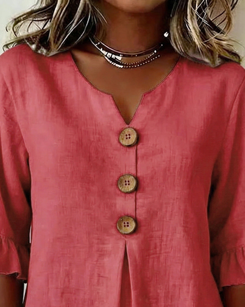 Sophia | Blusa ligera de algodón y lino con botones de madera en color Azul