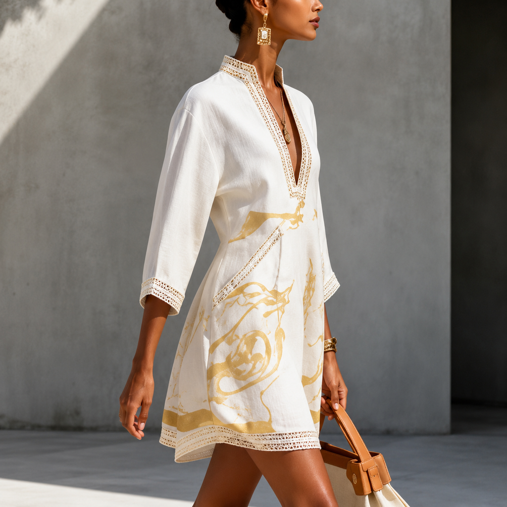 Donatella | Mini-robe noire à imprimé marbré doré et dentelle au crochet