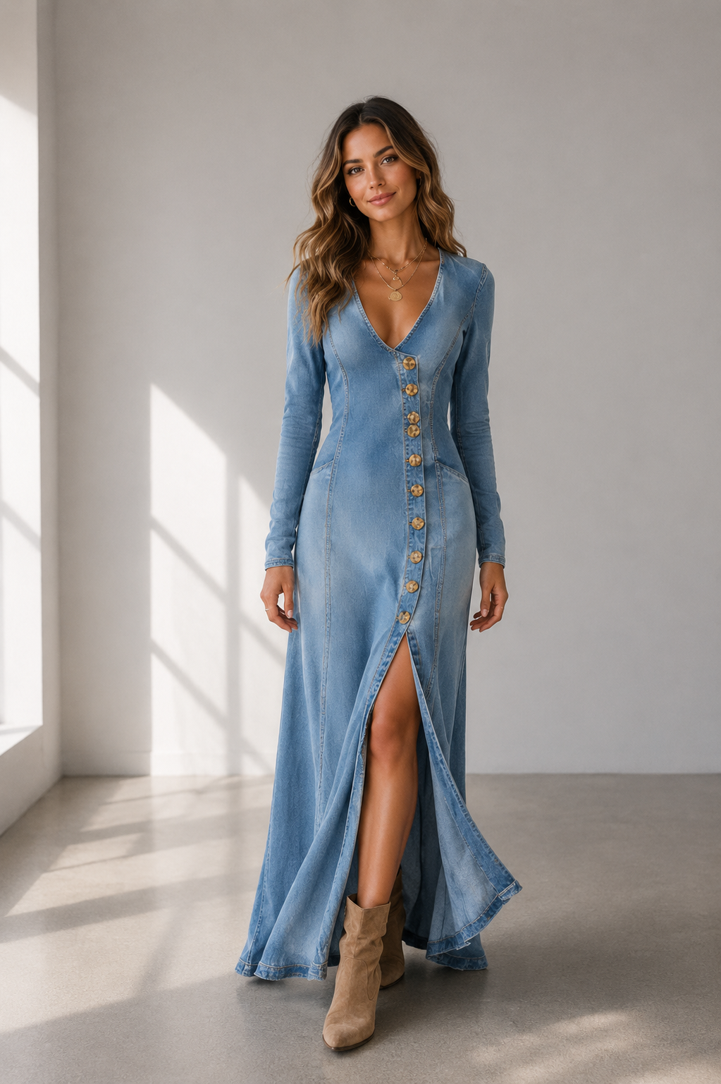 Vestido largo de manga larga con escote en V