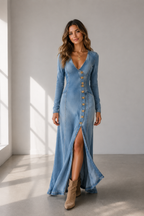 Vestido largo de manga larga con escote en V