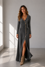 Vestido largo de manga larga con escote en V