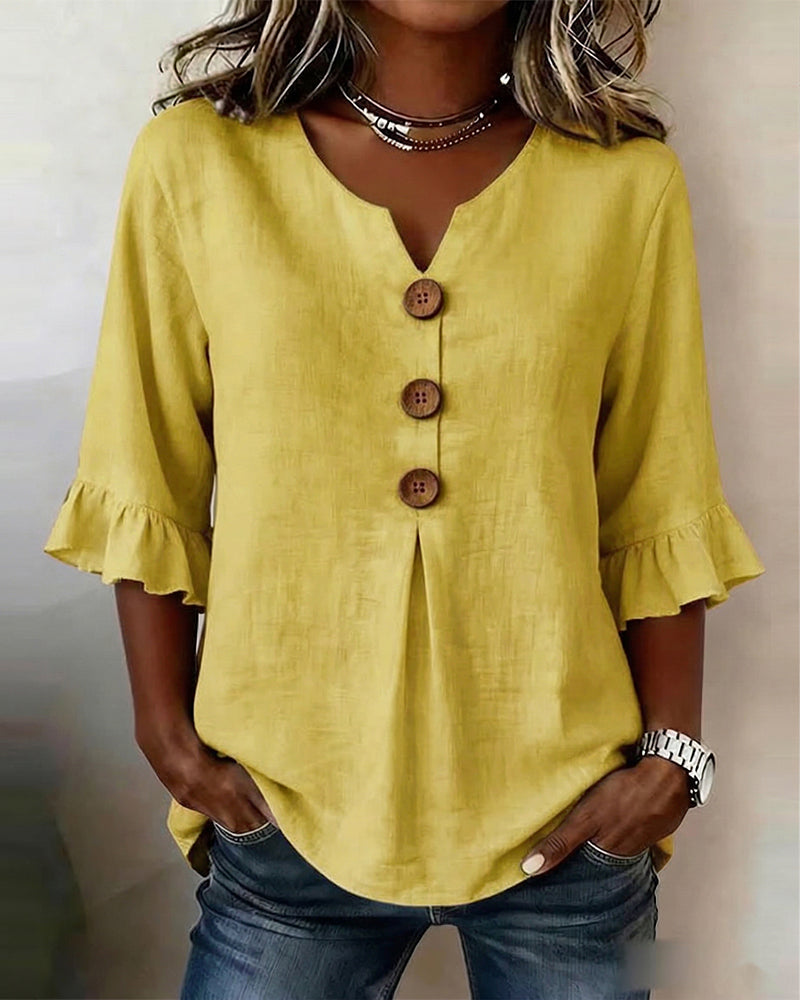 Sophia | Blusa ligera de algodón y lino con botones de madera en color Blanco