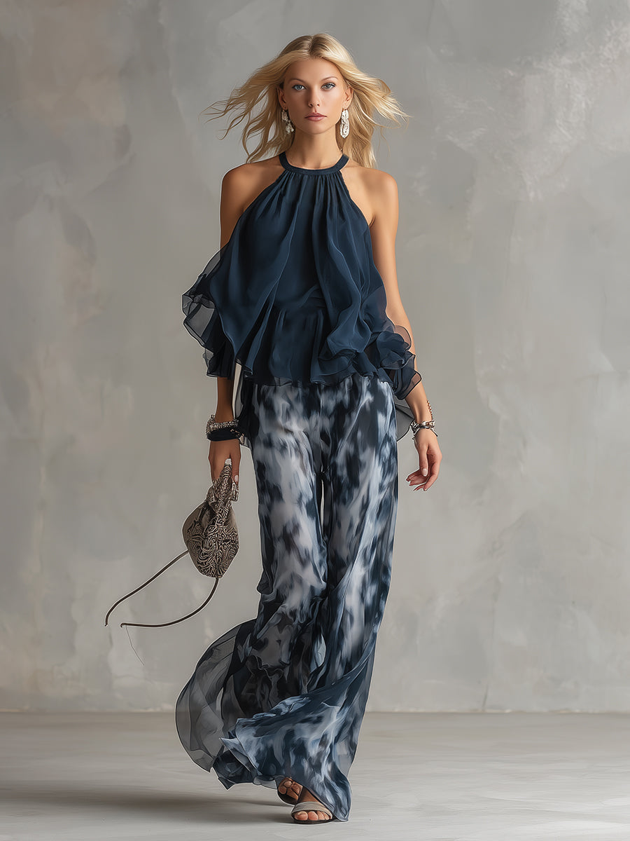 Élise | Conjunto elegante y ligero con top fluido y pantalón ancho - Azul marino S