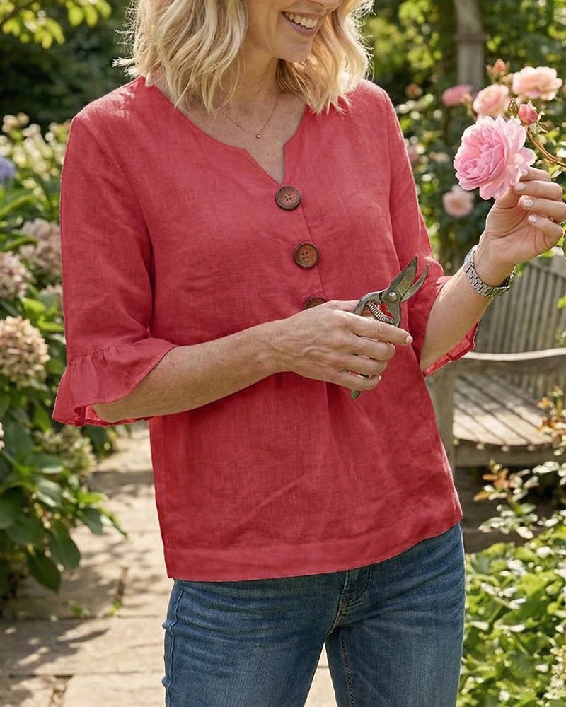 Sophia | Blusa ligera de algodón y lino con botones de madera en color Azul