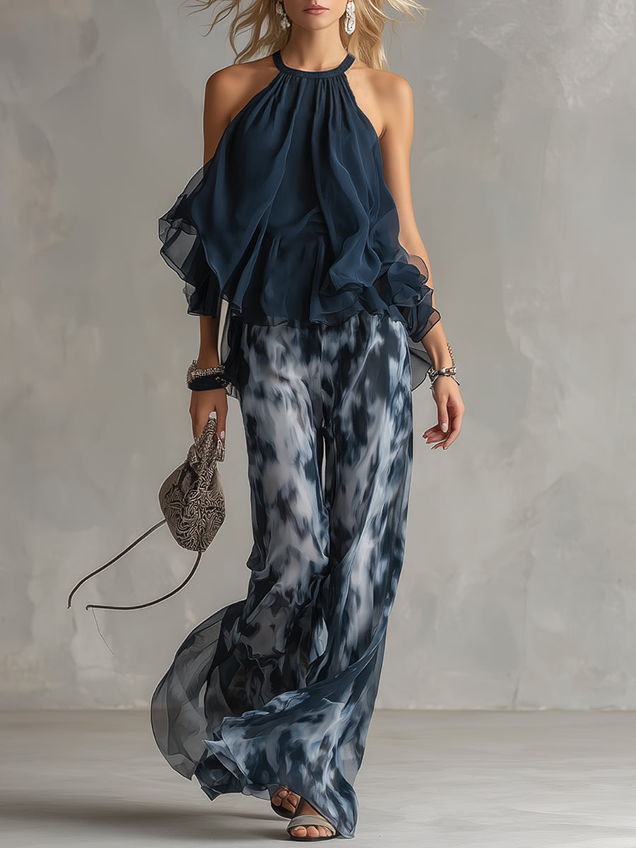 Élise | Conjunto elegante y ligero con top fluido y pantalón ancho - Azul marino XS