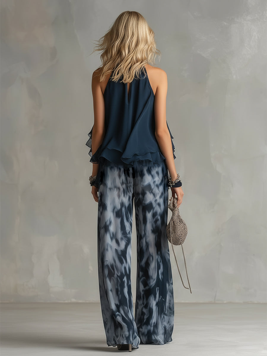 Élise | Conjunto elegante y ligero con top fluido y pantalón ancho - Azul marino L