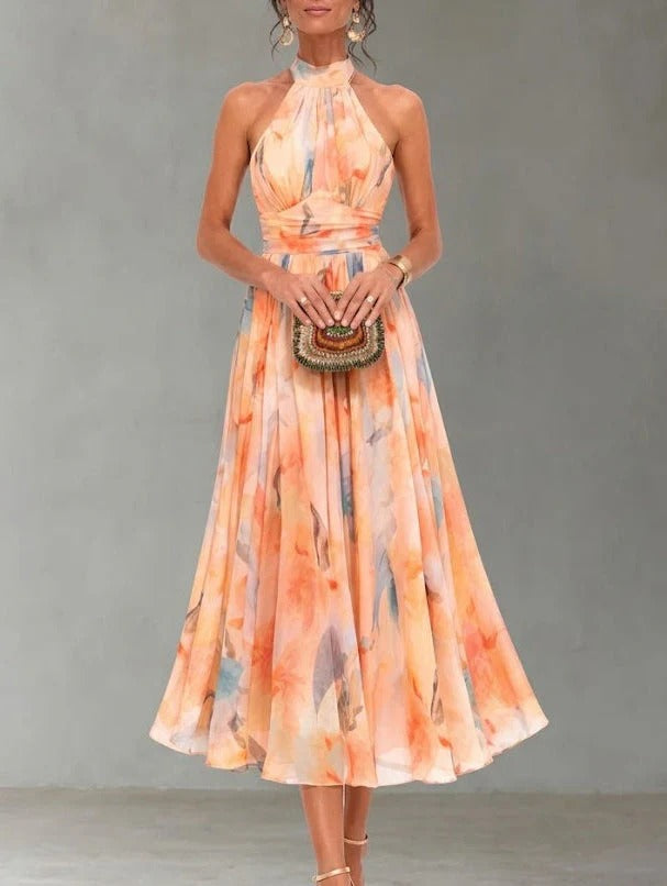 AURORA | VESTIDO CON ESCOTE HALTER Y ESTAMPADO DE ACUARELA