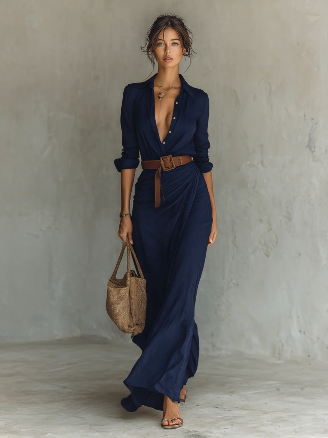 VESTIDO LARGO DE MANGA LARGA CON CUELLO DE SOLAPA PARA MUJER