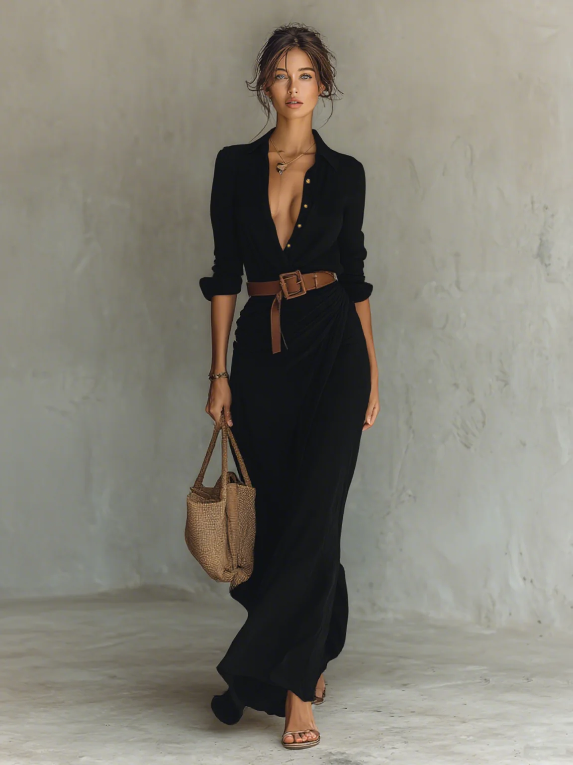 VESTIDO LARGO DE MANGA LARGA CON CUELLO DE SOLAPA PARA MUJER