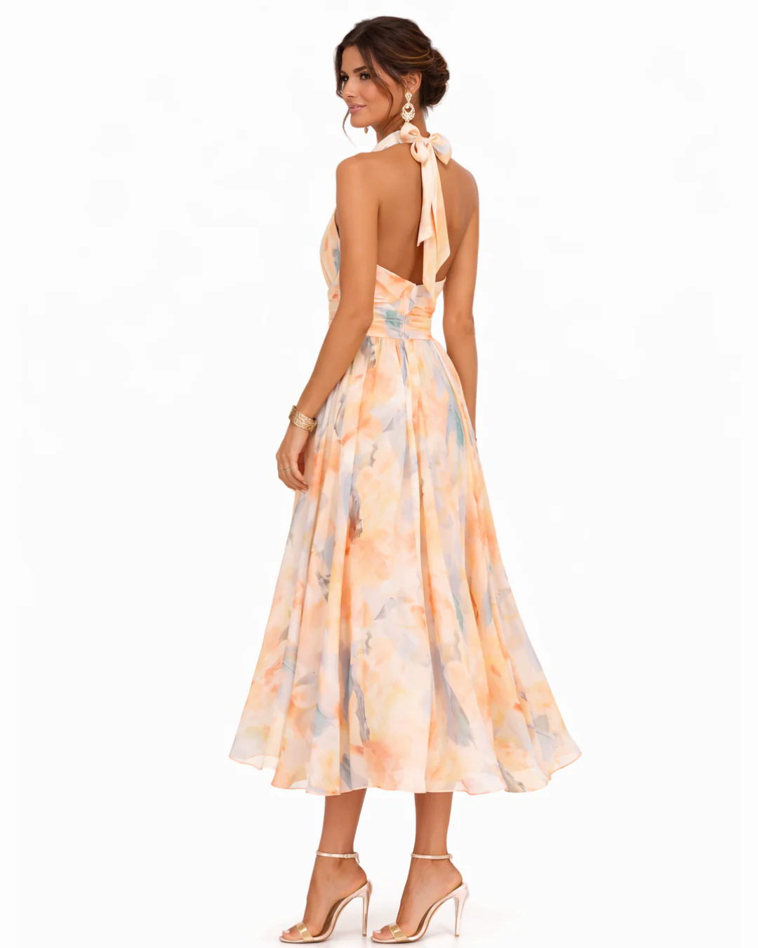 AURORA | VESTIDO CON ESCOTE HALTER Y ESTAMPADO DE ACUARELA